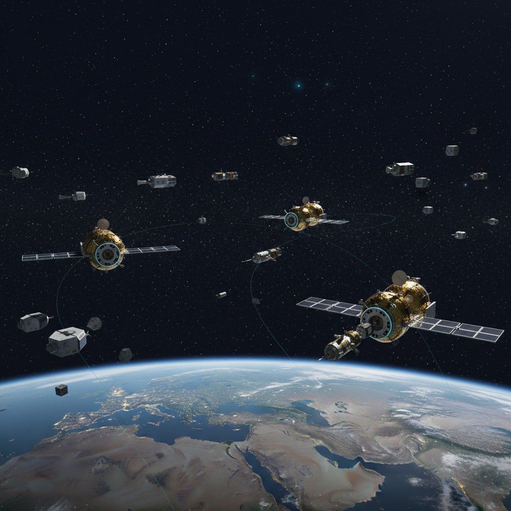 A constellation of autonomous propellant depots servicing satellites across orbit — rendezvous, proximity operations, and docking under advisory VLM-GNC.