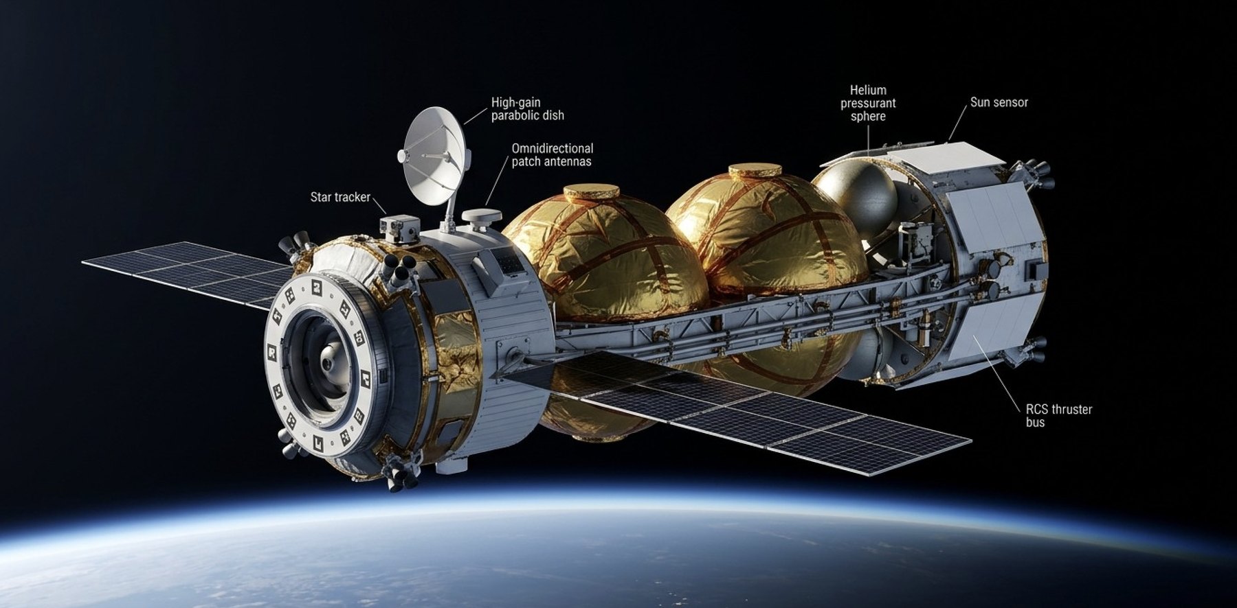 The 2,000 kg storable-propellant orbital depot: high-gain parabolic dish, star tracker, omnidirectional patch antennas, propellant tanks, helium pressurant sphere, sun sensor, and RCS thruster bus.